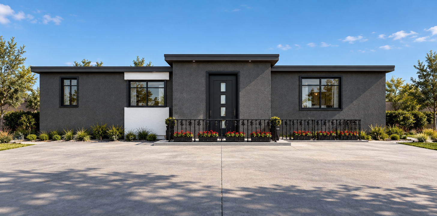 An eye-level architectural photograph of this modern charcoal-grey and white facade in clear daylight, captured with a sharp tilt-shift lens. The exterior walls display realistic, fine-grained matte stucco textures, contrasting with the smooth painted trim and realistic glass windows that reflect the sky and subtle interior depth. The black wrought-iron balcony railing features subtle metallic sheen and authentic fabrication details above a crisp concrete floor. Directional sunlight casts clean, gentle shadows beneath the flat roofline and railings, grounding the geometry with true-to-life surface finishes, subtle material imperfections, and natural photographic exposure.