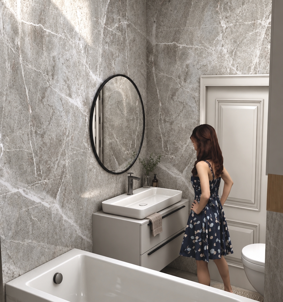 A sharp architectural photograph of the bathroom scene, capturing natural diffused overhead daylight and soft ambient reflections across the polished grey marble wall tiles and porcelain fixtures. The camera maintains the exact high-angle perspective, emphasizing realistic physical materials: matte finish on the floating vanity, glossy ceramic on the sink basin and bathtub, crisp specular reflections in the round black-rimmed mirror, and realistic fabric texture on the woman's patterned dress with natural skin tones and soft shadow contact where she stands. A 35mm lens rendering provides subtle depth of field, delicate micro-textures on tile grout, faint authentic grain, and clean, balanced neutral interior lighting without altering any existing geometry or composition.