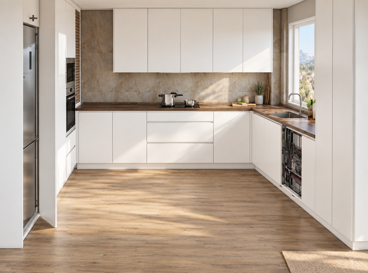 A bright architectural photograph of the kitchen, maintaining the exact geometry, materials, and camera perspective while filling the room with abundant natural daylight from the window and soft ambient bounce. Highlight authentic material textures, including the fine grain of the dark countertops and flooring, the soft satin sheen of the white cabinetry, and the tactile surface of the stone backsplash. Capture true-to-life reflections on the stainless steel appliances and natural contact shadows under the counters, rendered with a clean, balanced exposure and sharp architectural lens clarity.
