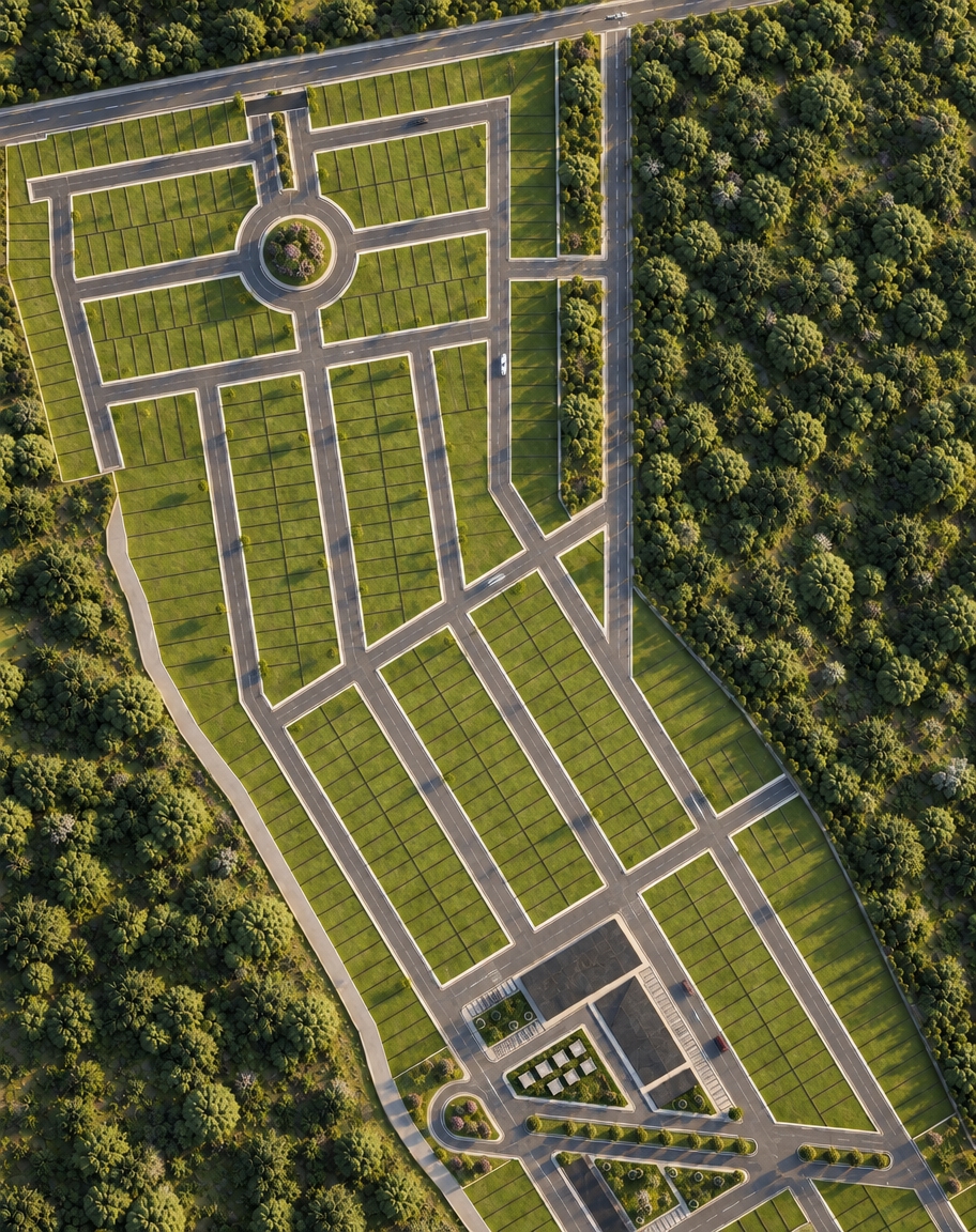 A photorealistic top-down aerial photograph capturing the exact master plan layout, with realistic cars neatly parked in the designated parking stalls and a few sparse vehicles driving along the paved access roads. Clear late-afternoon sunlight casts crisp, directional shadows matching the existing angle across the green subdivided lots and roadways. The asphalt shows natural micro-textures, faint tire marks, and subtle surface grit, while the surrounding dense forest canopy features organic depth and varied foliage tones. Captured on a high-resolution drone camera with natural color rendition, delicate lens vignetting, and fine photographic grain.