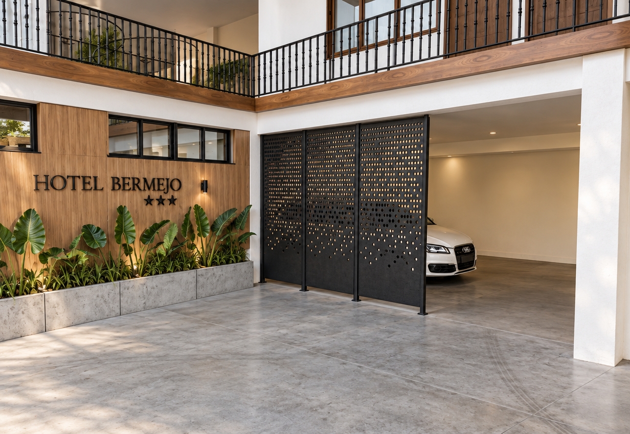 Architectural photograph captured with a sharp 24mm tilt-shift lens under bright, diffused daylight. The smooth concrete courtyard features realistic surface micro-textures and faint tire wear, while the matte black perforated metal screen displays precise cutouts and realistic light transmission. Crisp dimensional lettering for Hotel Bermejo rests on warm, textured wood wall panels, complemented by tactile concrete planters filled with lush, glossy green foliage. Subtle reflections glint across the white car's clearcoat, framed by clean white stucco walls and wrought-iron balcony railings, all rendered with neutral color temperature and clean, balanced dynamic range.