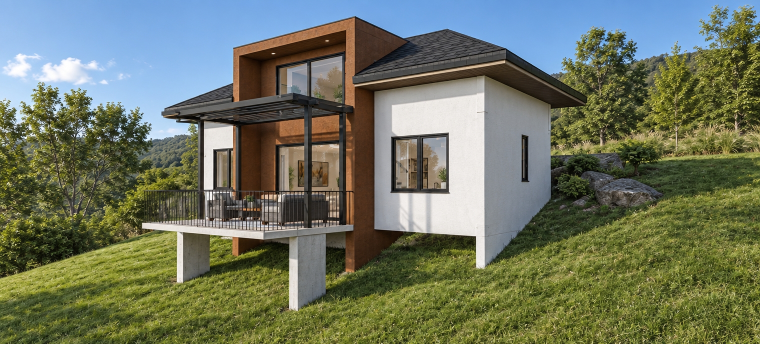 Architectural photograph under bright, direct sunlight positioned behind the camera, evenly illuminating the structure. The modern house features realistic matte white stucco, finely textured brown cladding, dark roofing shingles, and smooth concrete foundation piers, maintaining the exact geometry and perspective. Realistic, blade-textured green grass covers the sloped ground. Large glass windows display subtle ambient reflections and visible interior depth, while the dark metal pergola, railings, and patio furniture show realistic specular highlights, captured with sharp focus and natural daylight exposure.