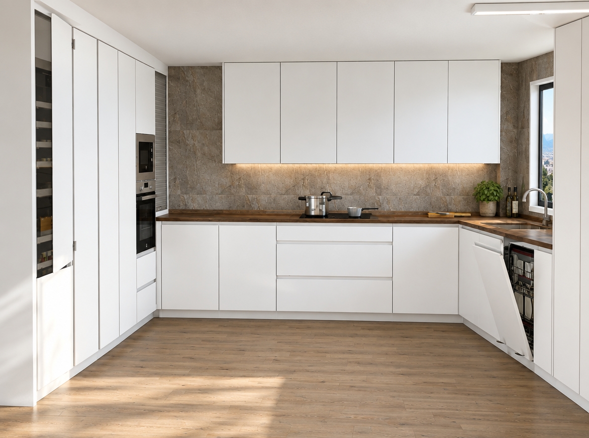 Professional architectural photograph of the kitchen, naturally illuminated by bright, diffused daylight and soft ambient fill light. The existing geometry and surfaces are meticulously preserved, showcasing crisp matte-finish white cabinetry, a deeply textured stone backsplash, richly grained countertops with soft specular sheen, and realistic wooden floor planks with gentle light falloff. The built-in stainless steel appliances display authentic metallic highlights. Shot with an eye-level architectural lens, balanced exposure, sharp focus, and subtle contact shadows to create a clean, luminous, and photorealistic interior.