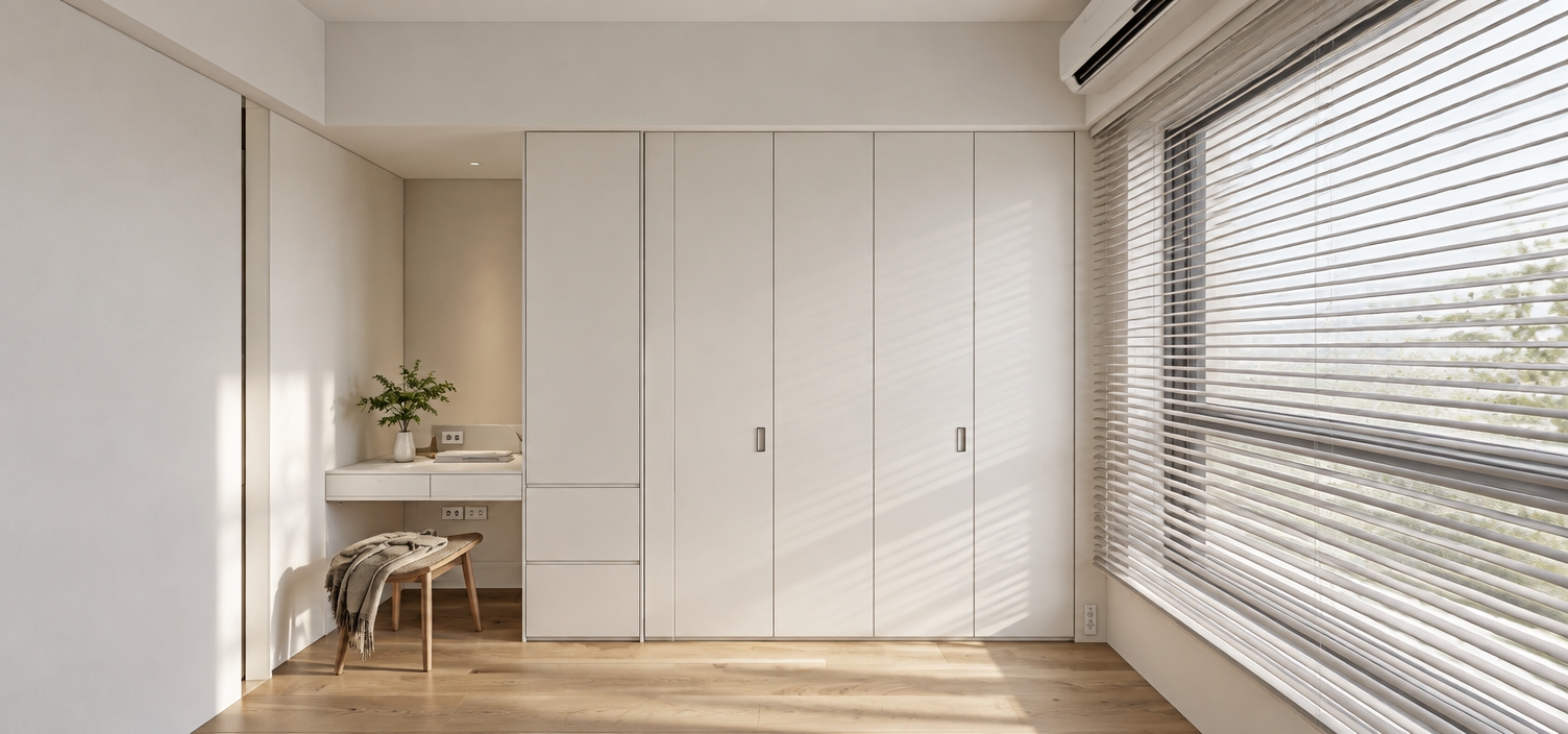 A photorealistic architectural interior photograph preserving the exact perspective and layout, featuring built-in wardrobes in a smooth matte white 1501 finish paired with natural white oak hardwood flooring throughout. Soft, diffused daylight filters through the window blinds on the right, casting gentle horizontal shadows across the warm wood floor and pristine walls. The vanity nook on the left is detailed with a delicate potted plant, realistic electrical outlets, and a wooden stool draped with a textured fabric throw blanket. Captured with an eye-level architectural lens, natural depth of field, balanced ambient lighting, and subtle material micro-textures.