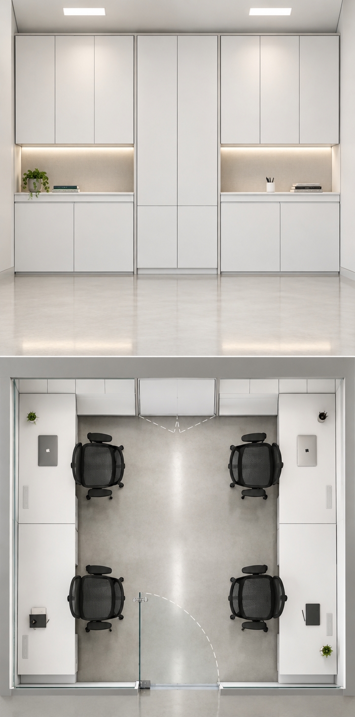 An incredibly lifelike, richly detailed, photorealistic architectural photograph of an executive shared workstation suite set in a high-end minimalist office haven. The scene is illuminated by diffuse overhead architectural LED troffers and subtle under-cabinet task lighting, creating an immaculate, bright, and intensely organized atmosphere. Captured with a professional 24mm tilt-shift lens at f/8, emphasizing the flawless satin sheen of the white laminate finishes, crisp joinery lines, and tactile mesh surfaces. The space features expansive symmetric workstations lining both walls, complete with integrated white laminate drawer pedestals tucked neatly beneath, accompanied by four sleek, ergonomic black mesh swivel chairs. Facing the entryway, a full-height wall assembly displays precision-crafted overhead cabinets and a central floor-to-ceiling storage unit with push-to-open flush doors, all perfectly coordinated with the light-reflecting, polished micro-cement floor and an elegant clear glass entry door.
