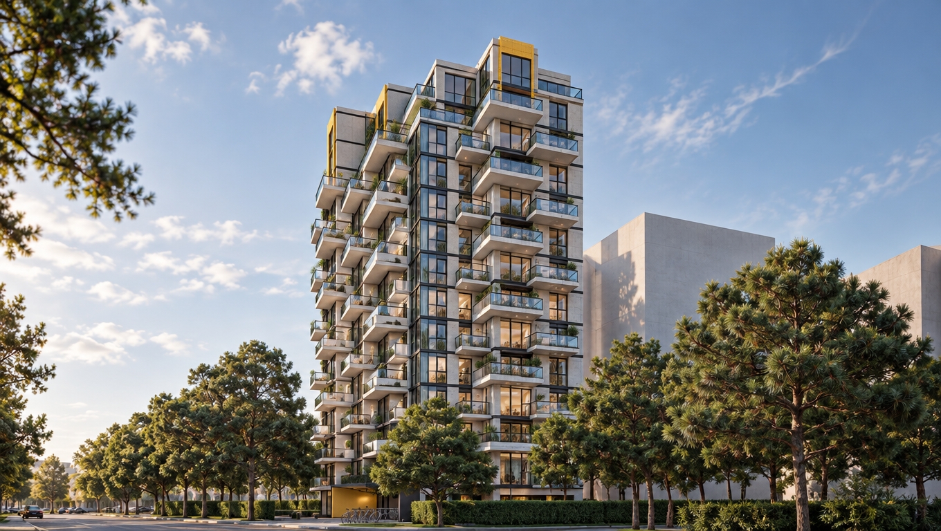 Architectural photograph shot from a dynamic low angle with a tilt-shift lens in crisp daylight. The facade features tactile white terrazzo panels and multi-toned architectural concrete contrasted with dark metal frames and clear glass railings catching realistic reflections. Subtle warm interior lights glow from scattered windows, with tiny potted balcony flowers and faint silhouettes of residents adding human scale. Surrounding blocky trees become lush, photorealistic pines with detailed bark and organic needle textures under a soft natural sky, accented by clean structural shadows, vibrant yellow rooftop paneling, neutral color grading, and subtle optical depth.