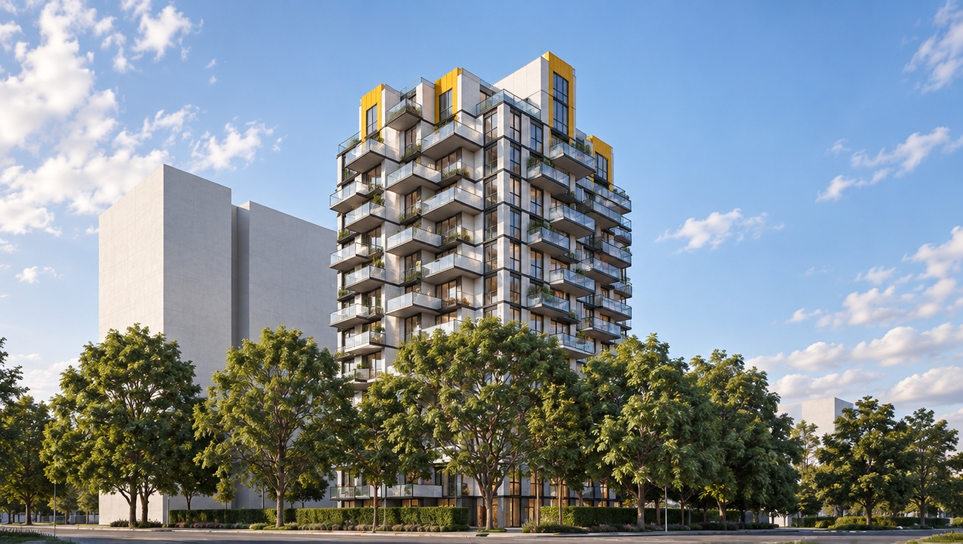 A photorealistic daytime architectural photograph preserving the exact perspective, geometry, and composition of the scene. The modern residential tower features realistic white terrazzo wall panels, varied-tone concrete, dark window mullions, and vibrant yellow rooftop accents. Glazed balcony railings reveal potted flowers and a few casually placed residents enjoying the terraces. The large glass windows show natural sky reflections interspersed with warm, inviting interior lights glowing from select apartments. The foreground stylized vegetation is rendered as lush, natural trees with realistic bark and leaf textures, all illuminated by soft daytime sunlight casting crisp, authentic shadows across the facade with balanced exposure and clean photographic depth.