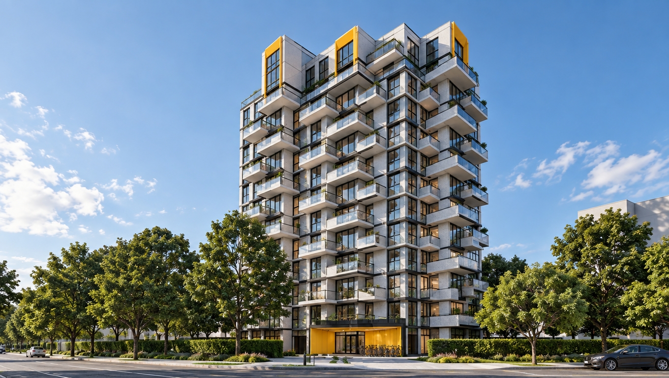 A sharp daylight architectural photograph captured from the exact low-angle perspective, showcasing the modern residential tower under crisp natural sunlight. The facade features tactile white terrazzo panels and subtly varied concrete textures, accented by bold yellow architectural elements and sleek dark window frames. Balconies display transparent glazed railings with faint reflections, dotted with occasional potted flowers and discreet silhouettes of residents, while select apartment windows glow with warm interior lighting. Surrounding lush trees and hedges present realistic organic foliage and soft cast shadows against the base, rendered with authentic photographic depth, subtle natural lens distortion, and clear atmosphere.