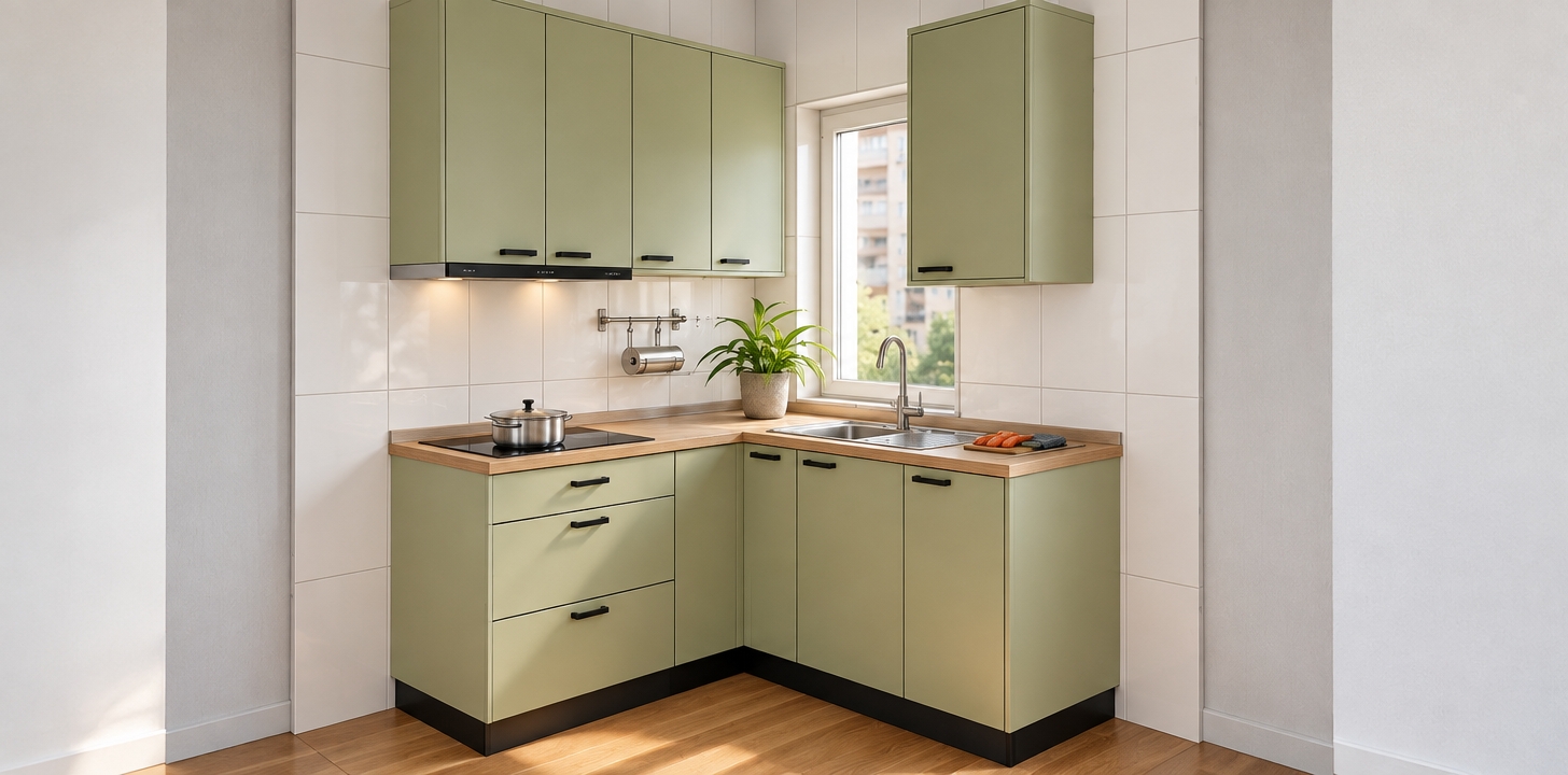 An architectural interior photograph faithfully capturing the exact geometry and layout of this kitchen corner under soft, natural daylight streaming through the window. The pale muted-green cabinets display a smooth satin lacquer finish with crisp black hardware, paired with a realistic light wood grain countertop and matching wooden floor. Realistic specular highlights gleam off the stainless steel sink, pot, and black induction stovetop, while the potted plant features vibrant organic texture. Shot on a 35mm lens with balanced ambient light, authentic grout lines along the white tiled walls, subtle surface reflections, and clean photographic clarity.