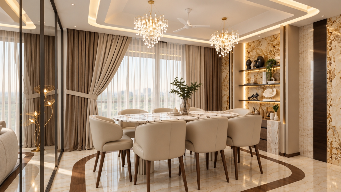 An architectural interior photograph shot with a 35mm lens, capturing the exact dining space bathed in an enhanced, warm beige aesthetic. Soft natural daylight diffuses through the sheer curtains, balanced by a cozy, luminous glow from the twin crystal chandeliers, recessed ceiling cove lighting, and integrated shelf LEDs. The scene emphasizes rich, harmonious shades of creamy beige and taupe across the upholstered dining chairs, veined marble tabletop, and layered drapery. Realistic photographic textures emerge through supple leather grain, polished stone reflections, glass refractions, and subtle shadow falloff, grounded by natural depth of field and faint organic grain.