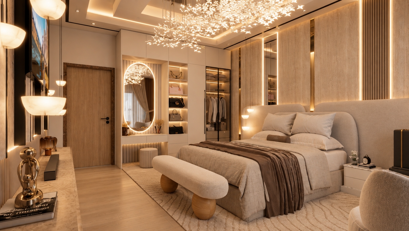 An architectural interior photograph of the modern bedroom, maintaining the exact layout and geometry under enhanced, warm 2800K ambient lighting. Soft, diffused light emanates from the ceiling fixture, backlit mirrors, and vertical wall strips, casting gentle, natural shadow falloff across the layered beige palette. Realistic material physics emphasize the tactile woven texture of the linen duvet, the bouclé bench upholstery, subtle grain on the wooden door, and gentle specular reflections on the glass wardrobe. Natural photographic elements, including slight fabric wrinkles, faint lens vignetting, and fine sensor grain, ground the scene in warm, authentic realism.