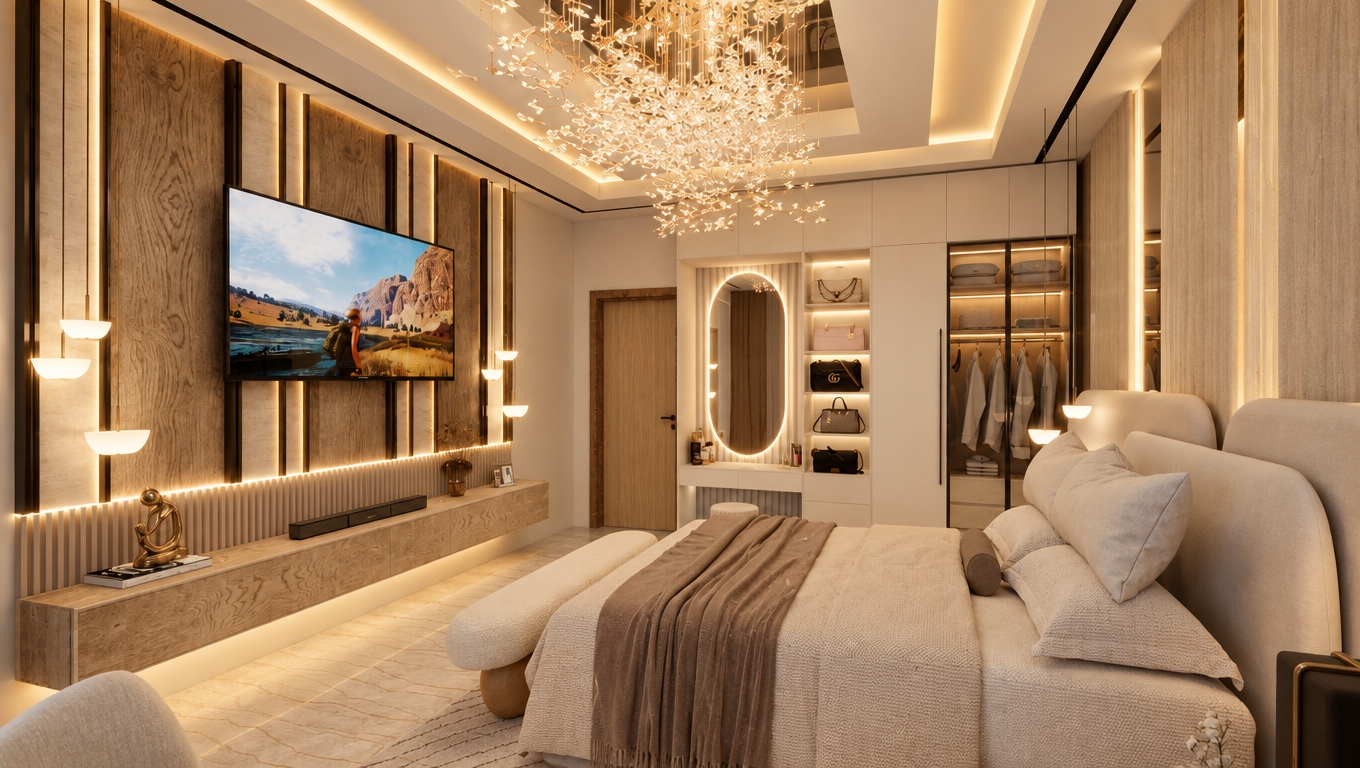 A professional interior architectural photograph capturing the exact bedroom layout bathed in enhanced warm lighting with a cozy palette of beige, cream, and soft taupe. Shot with a crisp full-frame lens, the illumination balances warm 2800K ambient glows from the crystalline chandelier, backlit vanity mirror, and linear cove strips, casting soft, natural shadows and warm highlights across the scene. The fluted and grain-matched wood accent walls, plush beige bedding, and matte cabinetry exhibit realistic tactile micro-textures, gentle specular reflections on glass surfaces, and subtle lens bloom for an authentic, photographic finish.