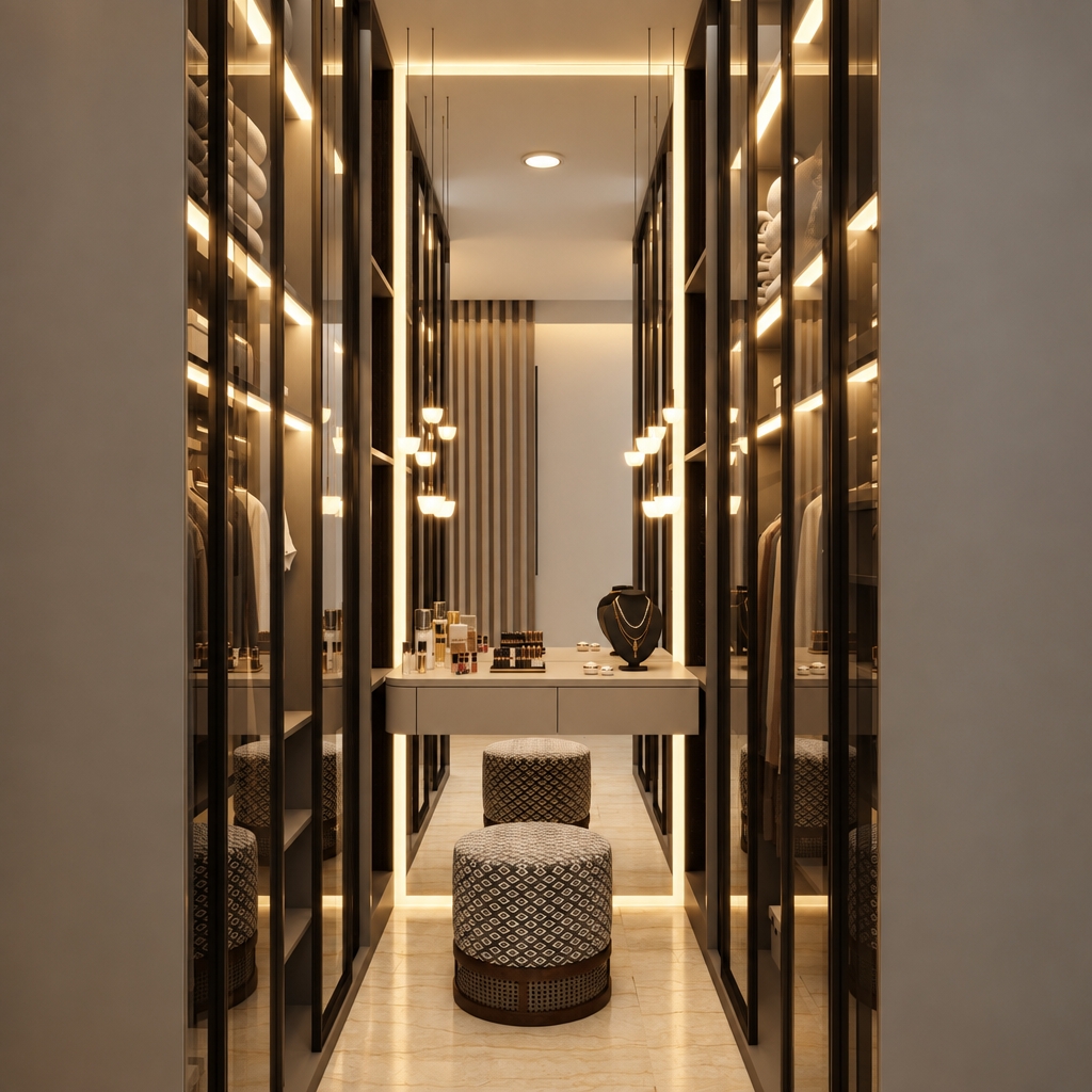 Architectural photograph of the modern walk-in vanity, keeping the identical symmetrical perspective, geometry, and composition. The space is bathed in enhanced, warm 3000K lighting, casting soft golden glows from the integrated LED strips and pendant lights across elegant beige undertones on the flooring, walls, and drapery. Tinted glass cabinet doors, the vanity mirror, and cosmetic bottles display authentic specular highlights, complex ambient reflections, and faint surface micro-smudges. The patterned ottoman showcases a tactile woven fabric texture with subtle shadow depth. Captured on a 35mm interior lens at f/8, featuring balanced exposure, gentle light bloom, realistic shadow roll-off, and subtle analog grain for complete photographic realism.