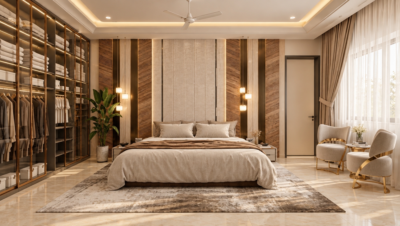 A photorealistic architectural interior photograph capturing the exact bedroom composition bathed in soft, enhanced warm lighting with an inviting palette of layered beige, cream, and warm taupe. Warm 2800K illumination emanates from the pendant fixtures and ceiling recesses, blending seamlessly with diffused sunlight filtering through the sheer curtains. The surfaces exhibit lifelike physical properties, featuring realistic micro-wrinkles and woven textures on the beige bedding, natural wood grain on the wall slats, and soft reflections on the floor tiles and glass wardrobe. Captured on a 35mm lens with balanced dynamic range, gentle falloff, subtle lens bloom, and faint photographic grain.