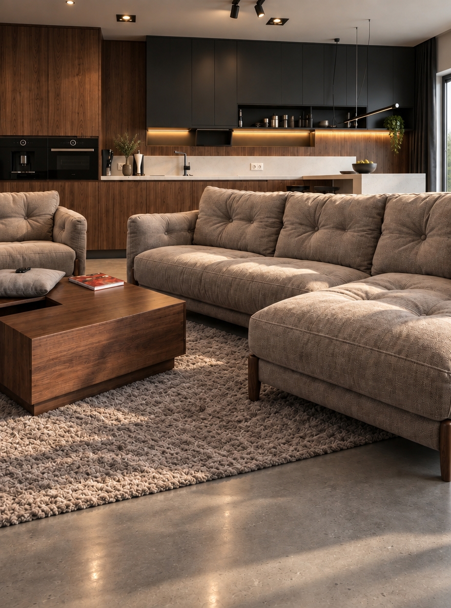 A high-end architectural photograph of the modern open-plan living room and kitchen, maintaining the exact perspective, framing, and layout. Shot on a 35mm lens with a subtle depth of field, the scene balances soft, natural daylight with warm ambient interior illumination from the ceiling spotlights and under-cabinet LED strips. Surface textures exhibit authentic micro-details, including the fibrous weave and gentle tufted creases of the beige sofa, the plush texture of the looped wool rug, realistic wood grain on the walnut coffee table and cabinetry, and the subtle sheen and micro-scratches across the polished concrete floor. Natural photographic imperfections, such as faint lens vignetting, organic specular highlights on the kitchen countertop, delicate shadow transitions, and fine film grain, bring absolute physical realism to the composition.
