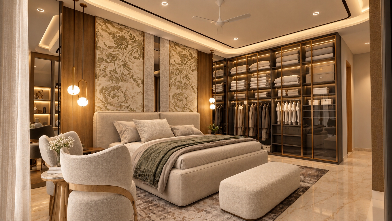 A professionally captured interior photograph preserving the exact bedroom layout, featuring enhanced warm, cozy lighting with a warm beige palette. Soft 2700K ambient illumination emanates from ceiling fixtures and glowing bedside pendant lights, casting gentle gradients and realistic shadows across the floral feature wall, upholstered beige bed, and plush textured linens. The glass-front wardrobe displays refined specular reflections, translucent depth, and warm metallic accents on the brass frames. The marble flooring reveals natural subtle sheen and light surface variations, while the fabrics display tangible tactile weave, natural draping folds, and lifelike micro-textures. Rendered with natural dynamic range, subtle lens falloff, faint film grain, and gentle vignetting to achieve an authentic photographic finish.