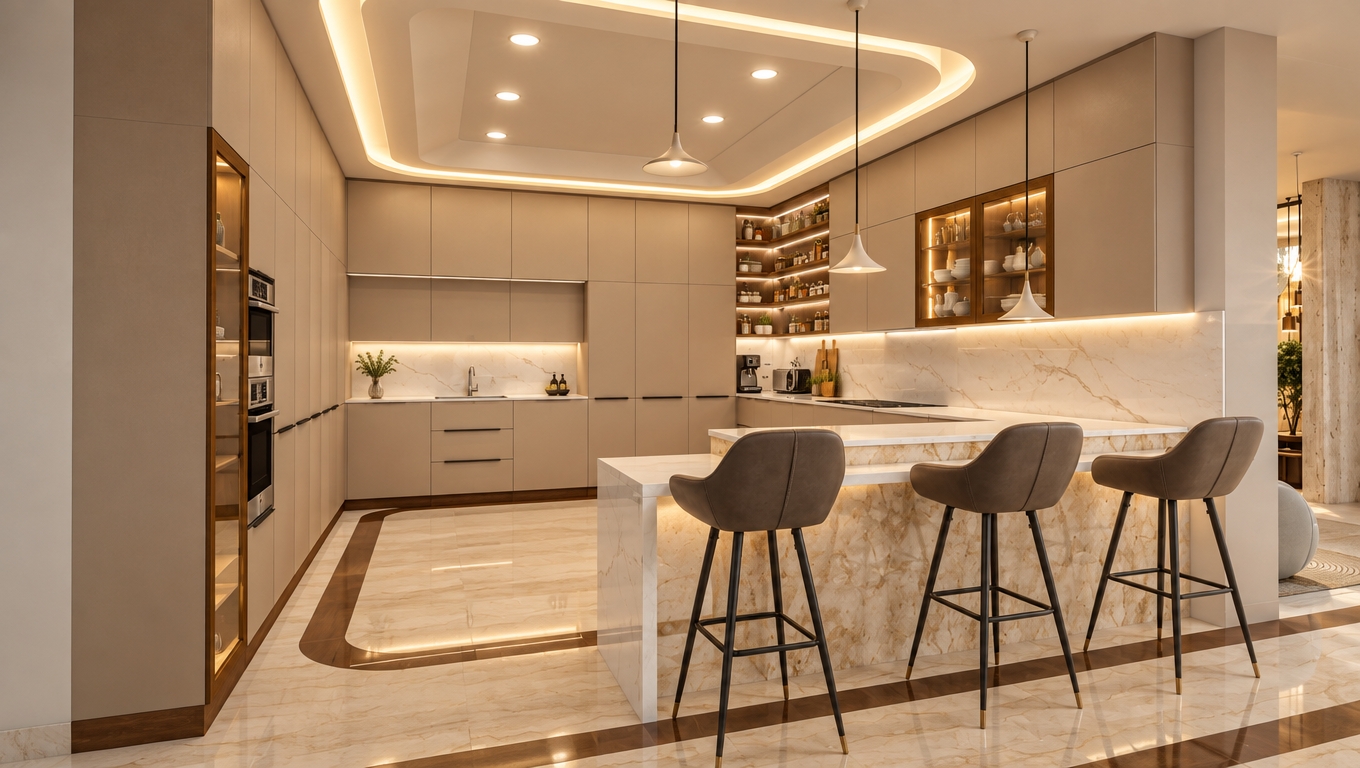 A photorealistic architectural photograph of the warm beige modern kitchen, captured with a professional wide-angle tilt-shift lens. Soft, inviting 3000K warm lighting emanates from the recessed ceiling cove and pendant lamps, casting a gentle ambient glow across the smooth matte beige cabinetry and textured island base. Polished cream marble flooring subtly reflects diffused ceiling highlights, while the leather bar stools exhibit realistic micro-creases. Natural light falloff, gentle shadow gradients, and faint photographic grain bring depth and cozy elegance to the pristine space.