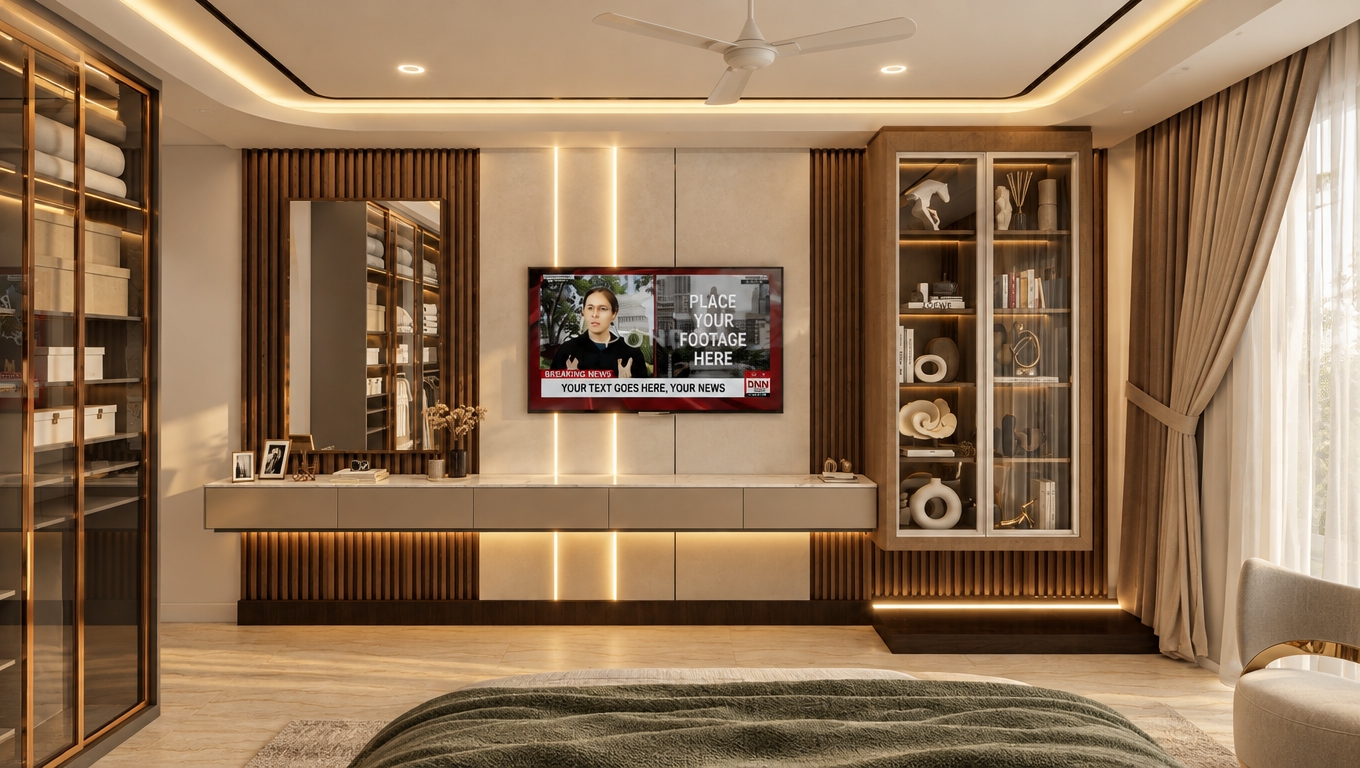 An architectural photograph of the bedroom interior bathed in enhanced, warm lighting with soft beige undertones. Illuminated by gentle 3000K recessed fixtures and warm ambient LED strips, the scene highlights natural textures across the fluted wood panels and matte beige surfaces. Subtle, lifelike reflections appear on the television screen and glass cabinetry, balanced by soft light filtering through the drapery. Captured with a wide-angle tilt-shift lens, the image features gentle shadow falloff, realistic material physics, and a faint photographic grain that eliminates the digital render aesthetic.