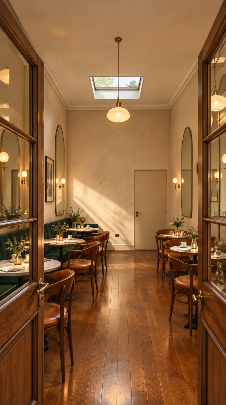 An incredibly lifelike, richly detailed, photorealistic wide-angle interior shot of an intimate mid-century modern café salon set in an elegant urban boutique building. The scene is illuminated by the soft amber glow of vintage brass pendant globes and wall sconces, complemented by gentle natural daylight filtering through the ceiling skylight, creating a warm, cozy, and sophisticated atmosphere. Captured with a 35mm full-frame lens, emphasizing the rich polish of the preserved hardwood flooring, the tactile textures of cognac leather and forest-green velvet seating, and the gleaming brass of large wall-mounted mirrors.
Looking through the authentic, tall wooden glass-paned entrance doors into the original room layout, the space is curated with intimate dining vignettes featuring petite round walnut and marble-topped bistro tables tailored for two to three guests. Elegant curved mid-century chairs flank each table, set with minimalist ceramic espresso cups, linen napkins, and small botanical vases. Along the cream-toned plaster walls, a series of rhythmic, large arched brass-framed mirrors expand the narrow room visually, reflecting the ambient light and adding architectural depth, while the clean-lined rear wall seamlessly integrates the discreet secondary door for a timeless, welcoming restaurant experience.