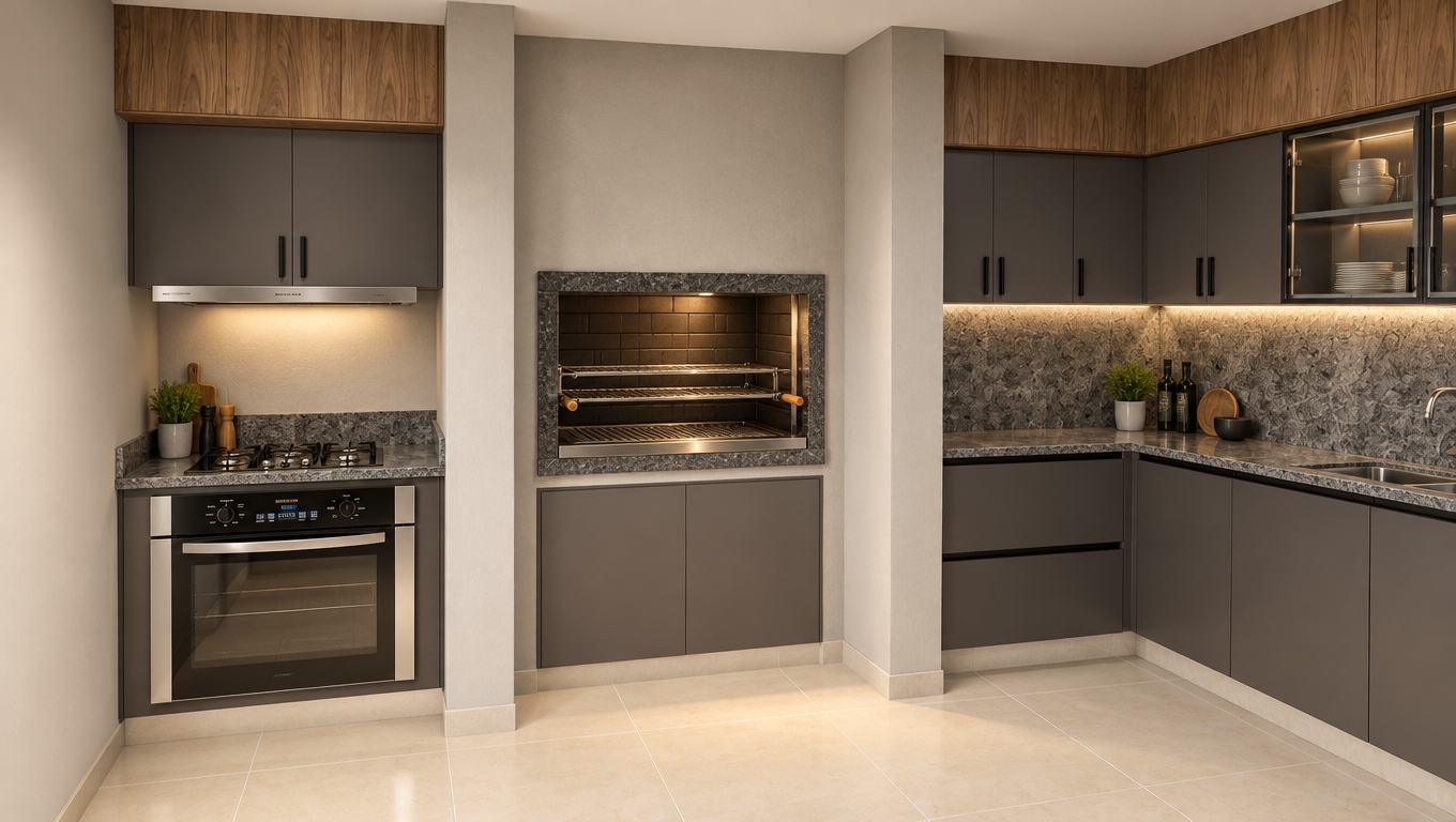 A crisp architectural photograph capturing the kitchen with exact composition and geometry intact, featuring a modern built-in indoor grill seamlessly integrated into the central recessed niche and upper glass cabinets finished with solid dark gray interior shelving. The cabinetry displays realistic ultra-matte charcoal-taupe surfaces, complemented by authentic warm wood grain on the upper bulkhead and polished gray granite countertops with natural stone micro-textures. Soft, balanced warm interior lighting illuminates the scene, casting gentle contact shadows across the pale floor tiles, while brushed stainless steel appliances and glass panels catch authentic ambient reflections with clean photographic clarity, natural tonal depth, and subtle lens vignetting.