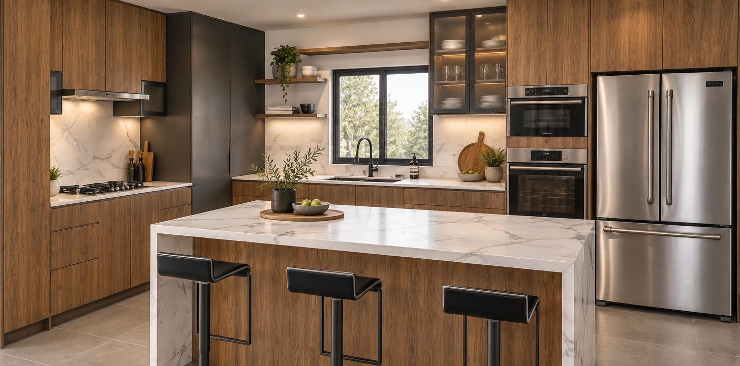 An architectural interior photograph of the kitchen preserving the exact layout and perspective, featuring matte natural porcelain tile flooring and soft ambient lighting. Diffused daylight spills through the window alongside subtle warm illumination that emphasizes the rich, authentic wood grain on the cabinetry and smooth matte-gray laminate surfaces. The waterfall island and countertops display polished white marble with fine gray veining, while the stainless steel appliances and matte black fixtures catch gentle, realistic reflections, captured sharply with balanced exposure and clean interior photographic depth.