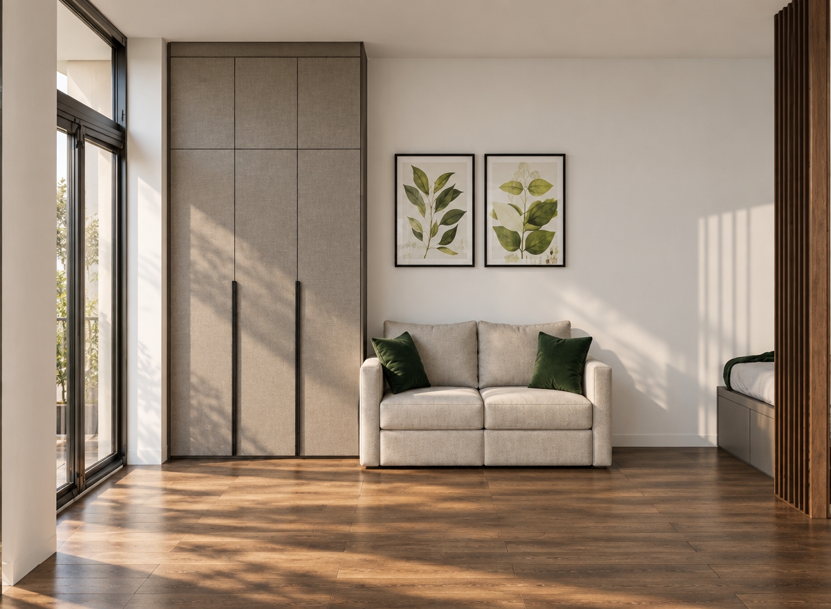 A professional interior photograph captured on a 35mm lens with natural depth of field, preserving the exact layout, geometry, and placement of the furniture. Soft, cinematic daylight streams from the left, casting realistic soft shadows and warm highlights across the room without any integrated furniture lighting. The tall wardrobe features a tactile matte textile-textured finish with sleek black handles, while the two-seater sofa displays realistic woven fabric upholstery with gentle folds, flanked by deep green accent pillows. Above the sofa, the two botanical prints are framed under clear, subtly reflective glass against smooth matte white walls. The dark wood plank flooring exhibits authentic grain and subtle light reflections, complemented by rich wooden tones on the right slat partition, achieving a crisp architectural photograph with natural tonal gradation and fine photographic texture.