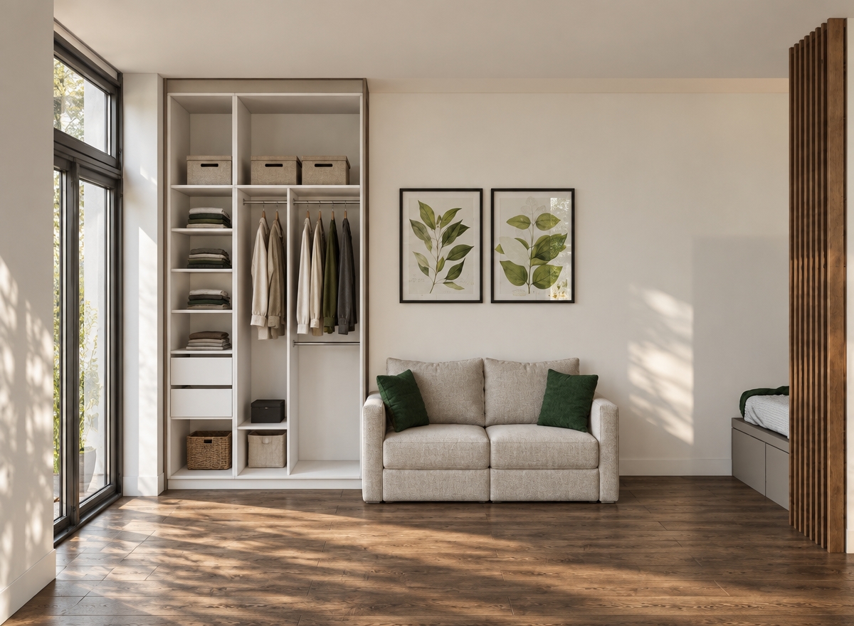 A realistic architectural interior photograph capturing the exact layout, straight-on perspective, and geometry of the space under soft cinematic daylight pouring in naturally from the left-side glass door. The open wardrobe retains its exact form, rendered in clean matte surfaces with a solid white back panel, neatly folded garments and storage boxes on the shelves, and hanging clothes on the rods, entirely free of integrated cabinet lighting. The two-seater sofa displays tactile linen upholstery with textured emerald green cushions beneath the two botanical art prints, which exhibit subtle reflections on the glass. Rich, matte dark oak floorboards and the vertical timber slat divider show authentic wood grain and micro-textures. Captured with a 35mm lens, the scene features balanced natural dynamic range, accurate ambient occlusion, and soft, directional shadows creating realistic depth.
