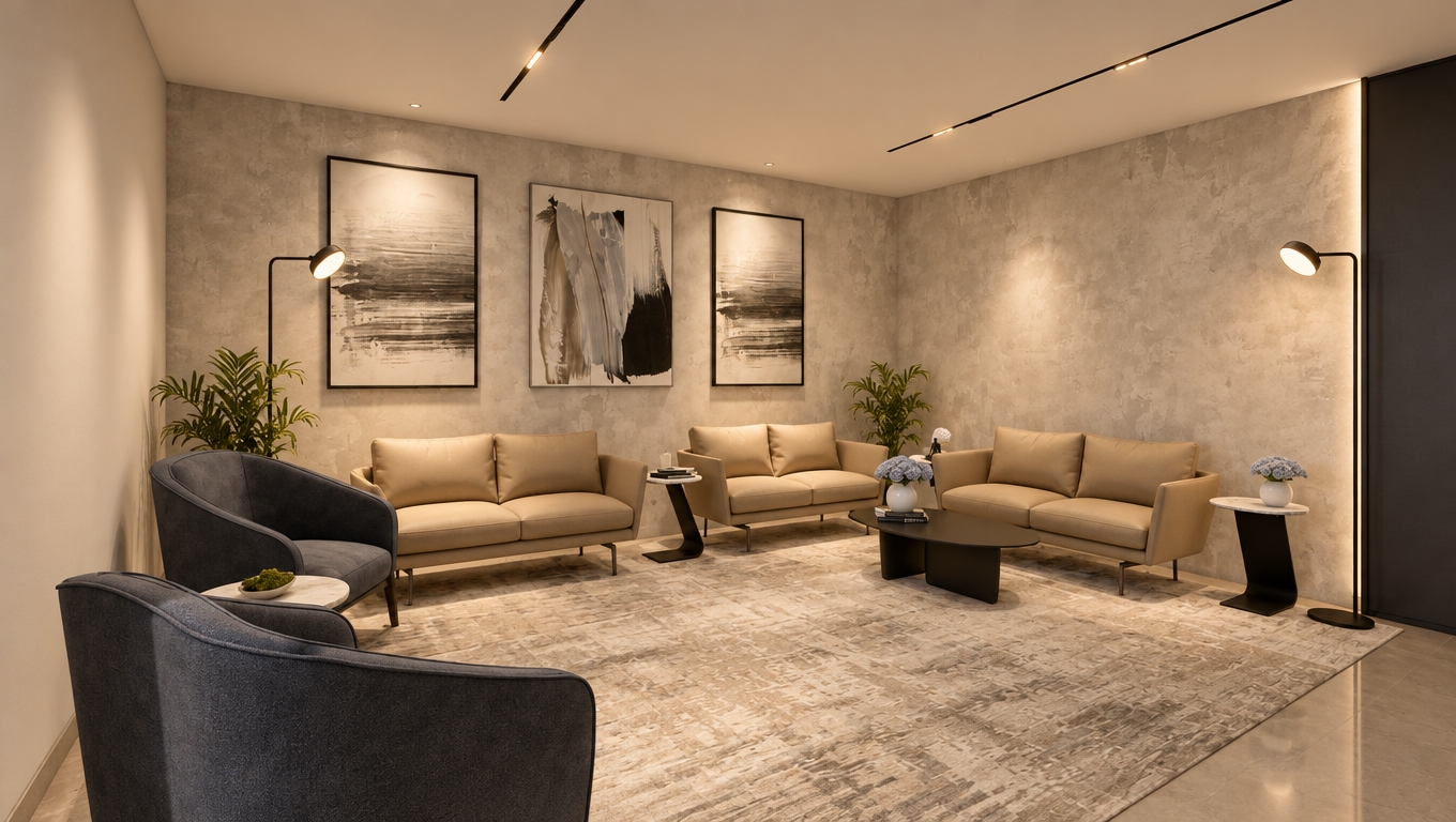 A realistic architectural interior photograph maintaining the exact layout and composition, illuminated by soft, warm beige light from the linear ceiling spotlights that creates gentle ambient falloff and soft shadows. The floor features a neutral beige finish beneath the textured rug, complementing the subdued cream and slate upholstery. Captured with an architectural lens, the shot highlights authentic fabric textures, matte plaster walls, and subtle ambient reflections with balanced exposure and fine photographic grain.
