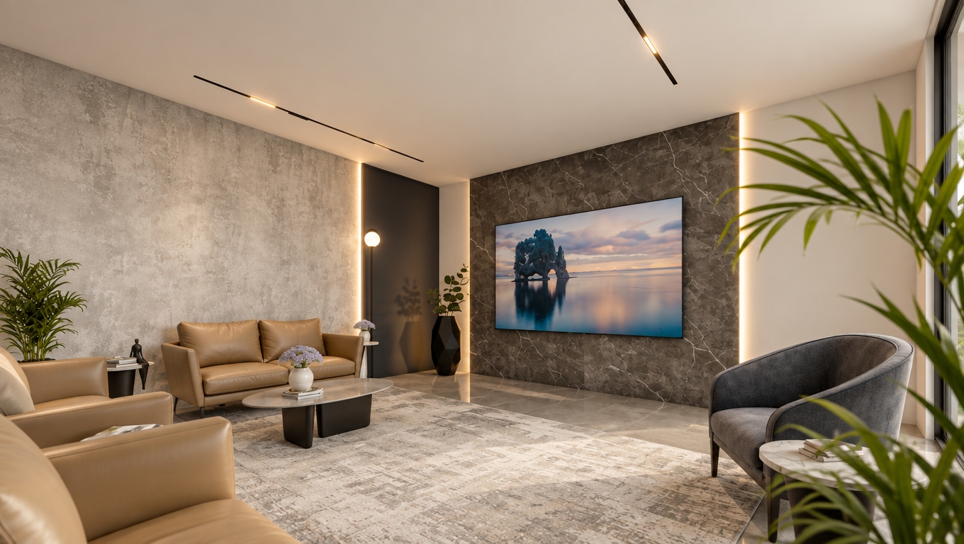 A photorealistic interior photograph preserving the exact room layout and geometry under a soft, neutral color palette, captured with a wide-angle architectural lens. Natural diffuse daylight seamlessly blends with warm 3000K illumination from the recessed linear ceiling tracks and vertical cove LED strips, creating soft, realistic shadow gradients. Materials show lifelike micro-textures: fine creasing and natural sheen on the tan leather upholstery, authentic matte veining across the dark marble feature panel, subtle tactile plaster variation on the gray accent wall, and soft fiber depth on the large area rug. Polished flooring reflects ambient light with gentle diffusion, complemented by faint photographic vignetting and subtle 35mm film grain for an authentic architectural editorial feel.