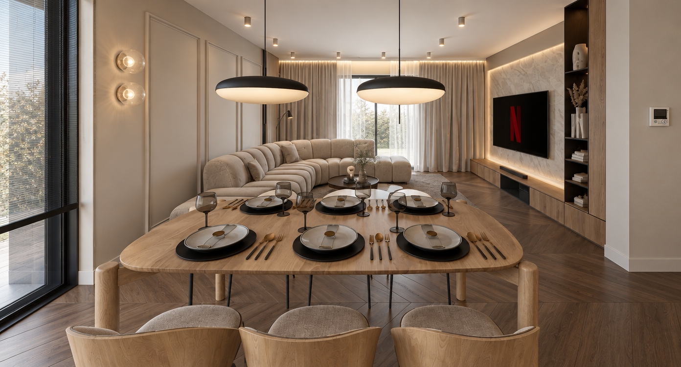 An architectural interior photograph of this open-plan living and dining space, maintaining the exact perspective, layout, and composition. The walls are finished in a smooth, matte cool light cashmere, complemented by light oak built-in cabinetry featuring sleek black interior shelves in the open bookcase. The large sintered stone slab behind the wall-mounted television is illuminated by a warm, diffuse LED backlight, while the sculptural pendant lamps and organic glass wall sconces are turned on, casting a gentle ambient glow and subtle reflections. The curved modular sofa is upholstered in soft cashmere velour with subtle light-catching texture. Natural light oak textures on the dining table and dark chevron wood floors are balanced with realistic surface reflections, crisp lens focus, natural shadow falloff, and subtle photographic grain.