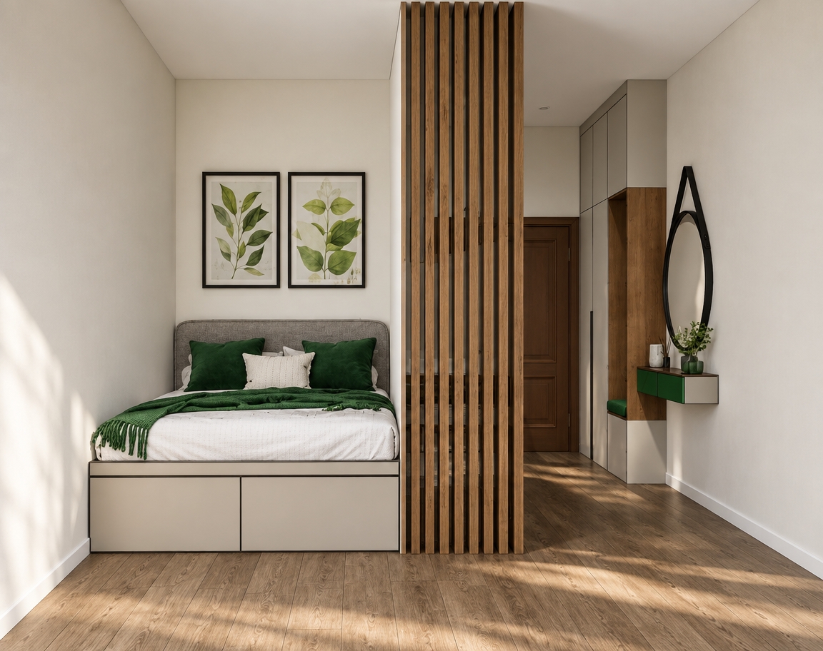 A clean, architectural interior photograph capturing the exact room layout and geometry with soft, natural cinematic daylighting casting subtle, realistic shadows across the matte wooden floorboards. The bed features textured grey fabric on the headboard, smooth white bedding, and soft emerald green velvet pillows and throw blanket with natural fabric folds. A floor-to-ceiling slatted partition showcases rich natural wood grain with soft light filtering through its gaps. On the hallway side, smooth cabinetry, a brown wooden interior door, and a floating green console table exhibit realistic matte finishes, while the round wall mirror with black strap shows a clear, specular reflection of an empty, smooth white wall. Neutral, balanced color temperature, sharp lens focus, and subtle physical material textures create a cohesive, lifelike image free of extra artificial lighting.