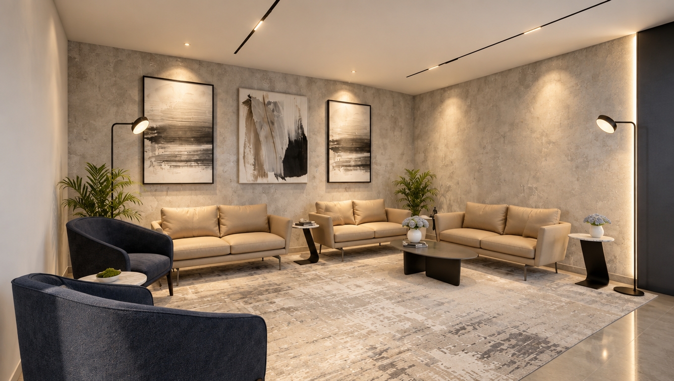 A professionally captured interior photograph maintaining the exact layout, geometry, and composition of the modern lounge space. The scene is bathed in soft, diffused ambient light accented by subtle warm ceiling spotlights casting gentle pools of illumination over the textured concrete walls, artwork, and seating. The color palette is kept strictly neutral and balanced, accentuating the tactile fabric textures of the beige sofas, navy armchairs, and distressed area rug. Shot on an architectural wide-angle lens with natural depth of field, gentle shadow transitions, realistic floor reflections, faint surface micro-textures, and mild film grain for complete photographic authenticity.