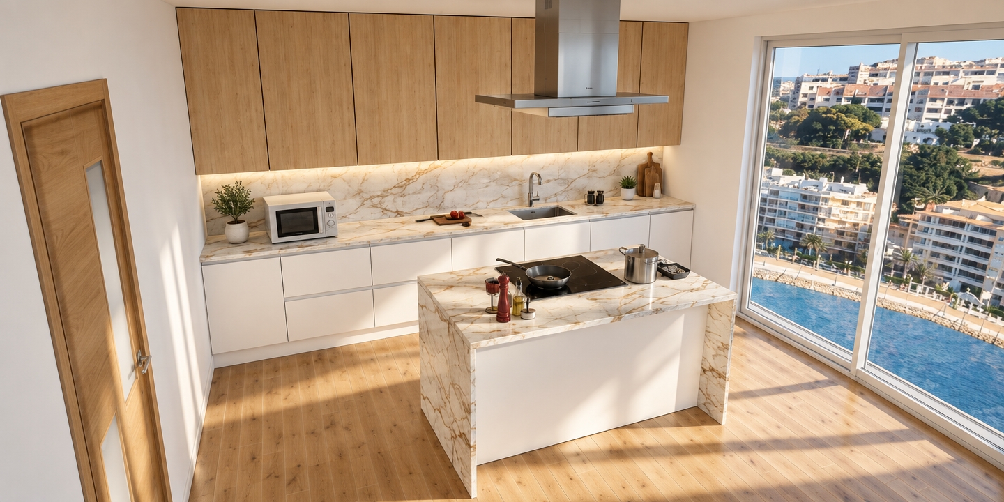 A photorealistic architectural shot preserving the exact layout, materials, and geometry of the kitchen, bathed in bright natural daylight streaming through the large sliding glass doors on the right. The scene features light oak upper cabinetry, matte white lower cabinets, and polished warm-veined marble countertops and waterfall island with subtle specular highlights. Authentic textures highlight the stainless steel range hood, glossy induction cooktop, glassware, and natural wood plank flooring. Natural, soft shadows stretch across the floor, balanced with clear outdoor exposure of the coastal view, captured with realistic lens depth, delicate reflections, and crisp, lifelike detail throughout.
