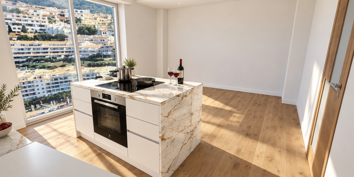 A wide-angle architectural photograph capturing the exact kitchen layout under bright, natural Mediterranean daylight pouring through the large window overlooking the coastal town. The central island showcases realistic polished white marble with warm amber veins, crisp matte white drawers, and an integrated stainless steel and black glass oven catching soft ambient reflections. Realistic cookware and clear wine glasses with a bottle of red wine sit atop the counter, casting delicate, soft-edged shadows. Authentic light oak wood flooring displays natural grain and subtle satin sheen, complementing the clean matte white walls, rendered with photographic depth, gentle highlights, and sharp micro-textures.