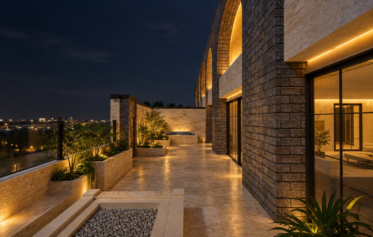 A photorealistic nighttime photograph preserving the exact composition and geometry of the terrace, illuminated by warm architectural accent lighting. The deep night sky replaces the void, casting subtle, cool ambient light that contrasts with glowing warm 2700K LED uplights tucked beneath the brick arches and along the planter boxes. The charcoal brick facade reveals tactile, porous textures and uneven mortar joints, while the light travertine walls and stone floor tiles show subtle matte reflections and natural mineral veining. Lush, organic foliage fills the planters, its leaves catching delicate specular highlights from hidden warm landscape lights. Reflections shimmer realistically across the glass railings and floor-to-ceiling windows, captured with a sharp wide-angle lens, natural depth of field, balanced exposure, and soft ISO grain.