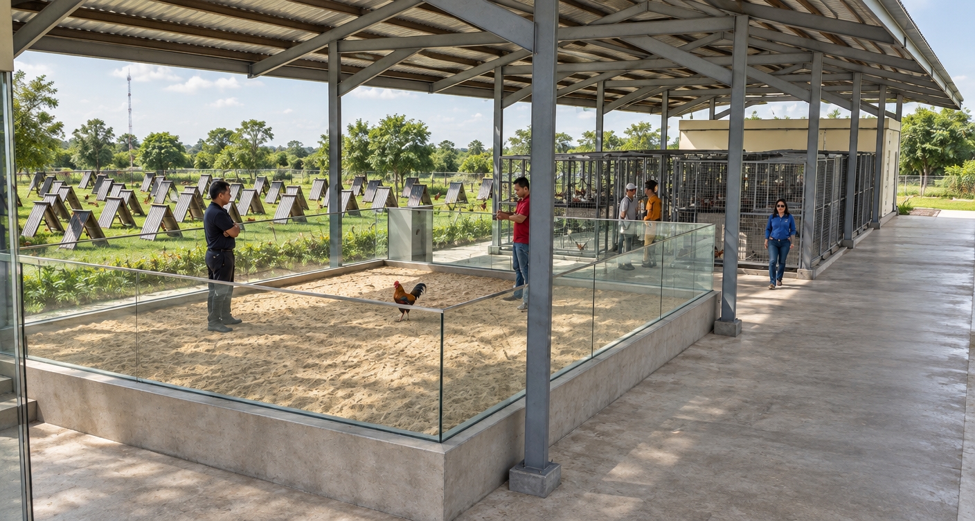 Eye-level photograph captured in bright natural daylight, depicting the open-sided agricultural canopy with identical composition and perspective. The central raised pit features clear, reflective glass railings enclosing fine natural sand with a detailed rooster inside, bordered by realistic people observing. Matte grey steel columns and truss framework support the roof, casting soft, diffused ambient shadows across the textured concrete flooring. In the background, metallic wire cages and the rows of small A-frame coops are grounded in lush green grass, backed by natural trees and distant foliage under a soft sky, rendered with neutral color grading, crisp glass reflections, and authentic material textures.
