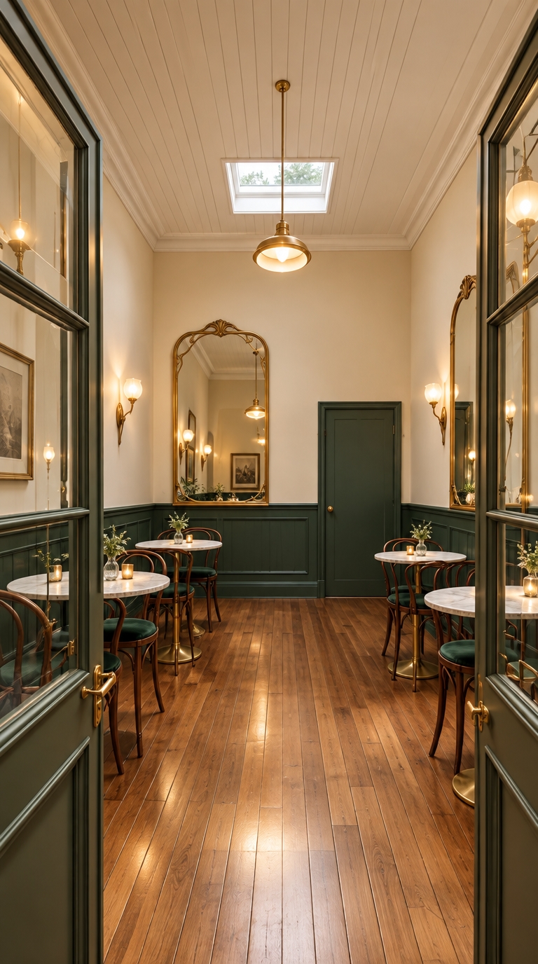 An incredibly lifelike, richly detailed, photorealistic wide-angle interior shot of a sophisticated Art Nouveau-meets-modern boutique café salon set in a restored historic room. The scene is illuminated by the warm, diffused glow of brass pendant lighting, delicate sculptural wall sconces, and soft daylight pouring gently through the central skylight, creating an intimate, luxurious, and inviting atmosphere. Captured with a professional full-frame camera and a 24mm architectural lens, emphasizing the lustrous satin finish of the original antique hardwood floorboards, the gleam of burnished gold accents, and the rich matte textures of the two-tone walls. 

Viewed through the preserved timber-and-glass entryway doors, the elongated space is impeccably balanced without altering its original proportions. The walls have been flawlessly refinished with a striking two-tone design—a rich, deep emerald green along the lower wainscoting complemented by a soft, creamy ivory on the upper sections, fully erasing the previous wall discoloration into a smooth, seamless surface. Lining the walls are grand, arched mirrors framed in fluid, organic Art Nouveau gilded brass that reflect the ambient light and visually broaden the room. Arranged gracefully down the hall are petite, contemporary bistro tables with polished white-veined marble tops and slender brass bases, paired with stylish curved bentwood and velvet-upholstered chairs that bridge vintage grace and modern elegance, transforming the room into a chic, high-end European coffee sanctuary.