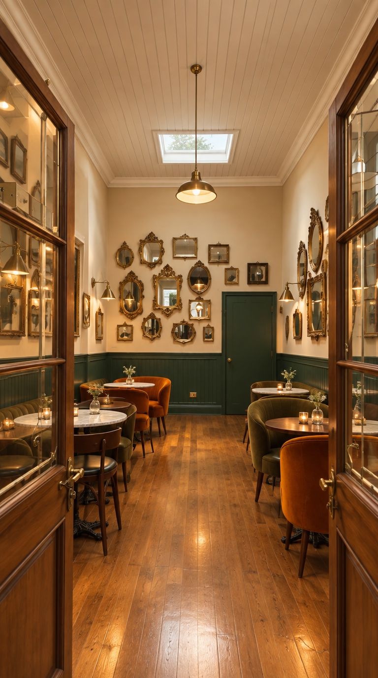 An incredibly lifelike, richly detailed, photorealistic eye-level interior shot of a charming Mid-Century Modern café lounge set in an intimate, historic boutique bistro. The scene is illuminated by the soft, warm golden glow of articulated brass wall sconces extending gracefully above each dining table, balanced by subtle ambient daylight pouring through the restored ceiling skylight, creating an inviting, sophisticated, and cozy atmosphere. Captured with a 35mm wide-angle lens at f/2.8, emphasizing the natural grain of the polished honey-toned hardwood floor, textured velvet upholstery, and gleaming metallic trims. The soaring walls are finished in a stylish two-tone palette—rich forest green on the lower wainscot section topped by a warm ivory above—artfully adorned with a dense, glittering gallery wall of assorted small mirrors with ornate gilded and brass frames. Inviting seating vignettes line the space with compact round walnut and bistro marble tables, paired with classic mid-century chairs and curved, petite armchairs upholstered in burnt-orange and olive velvet, all viewed invitingly through the open wooden French doors.