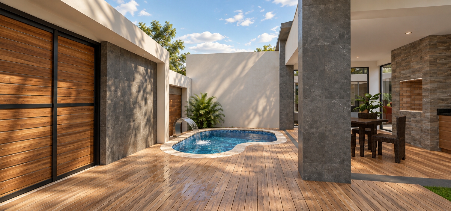 A wide-angle architectural photograph capturing the backyard patio in natural daytime sunlight, preserving the exact geometry and layout. The kidney-shaped plunge pool features realistic water caustics across blue mosaic tiles, disturbed gently by the smooth sheet of water cascading from the stainless steel spout. Natural timber decking displays authentic wood grain, subtle matte finish, and faint damp footprints near the pool edge. To the right, the covered gallery shows realistic depth, featuring textured masonry on the barbecue station, woven outdoor dining furniture, and crisp sky reflections in the glass doors. Warm daylight casts soft, directional shadows across the smooth concrete perimeter walls and dark stone-clad columns, balanced by natural ambient fill, fine surface textures, and subtle lens vignetting.