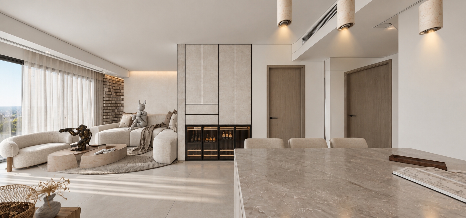 A professional architectural photograph capturing the exact scene and composition with full-frame tilt-shift vertical correction. Crisp daylight softly diffuses through the sheer curtains, balanced with neutral 4000K recessed lighting to create natural ambient falloff and soft contact shadows. Walls and ceilings feature a clean matte Cloud Dancer white finish, complementing the realistic woven upholstery, soft draped fabric, smooth tiled flooring, and honed stone kitchen island. Subtle surface micro-textures, nuanced reflections, and a faint photographic grain give the space an authentic, high-end editorial feel completely free of 3D-rendering artifacts.