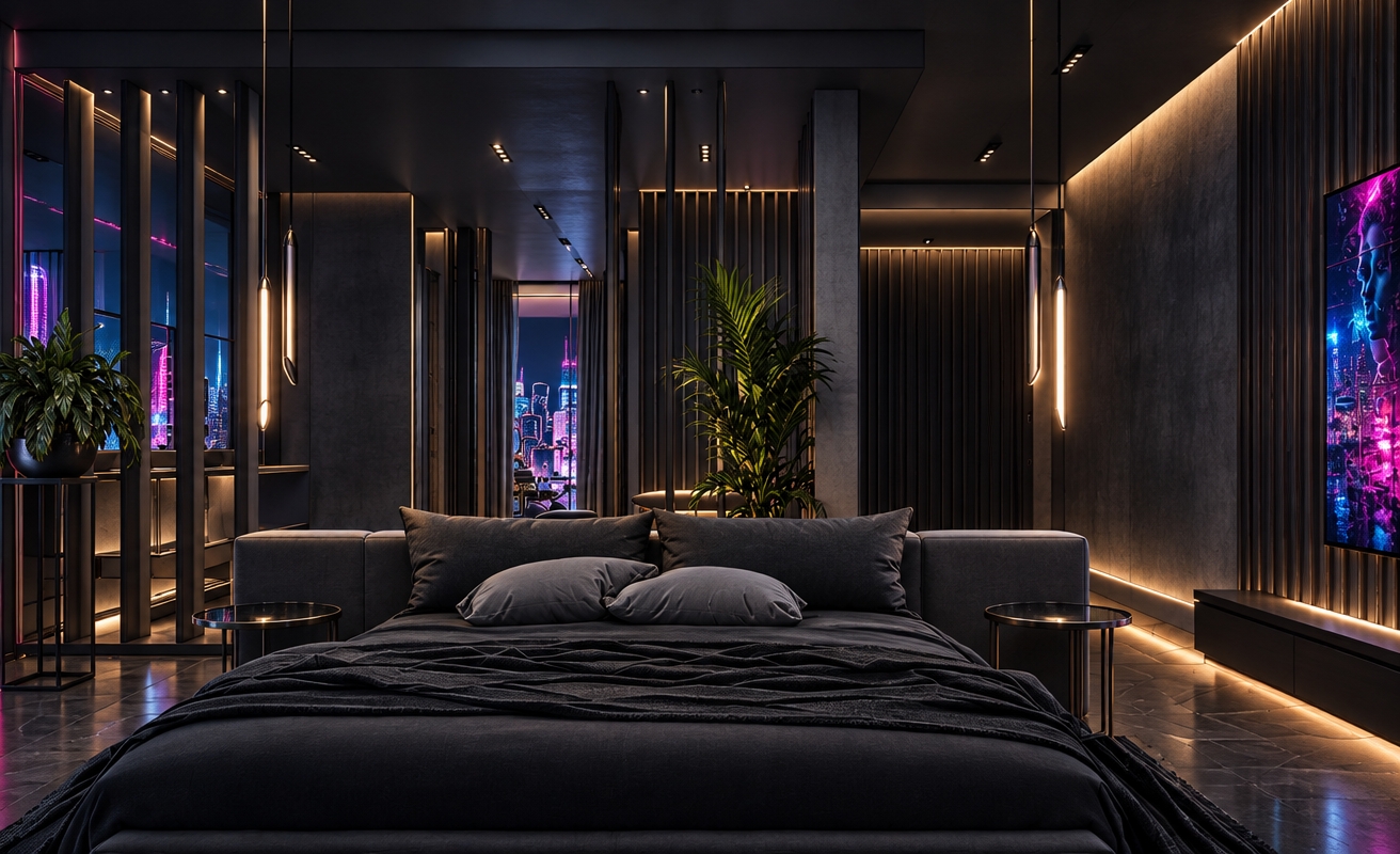 , interior photo, night, bedroom, neon noir, (Futuristic, Dark, Urban, Gritty, High-tech, Industrial, Sleek, Moody, Neon, Cybernetic), photography book, holographic wall art, shades of black, gray, and neon accents, metal and glass furniture, minimalist surfaces, cyberpunk decor, indoor plants