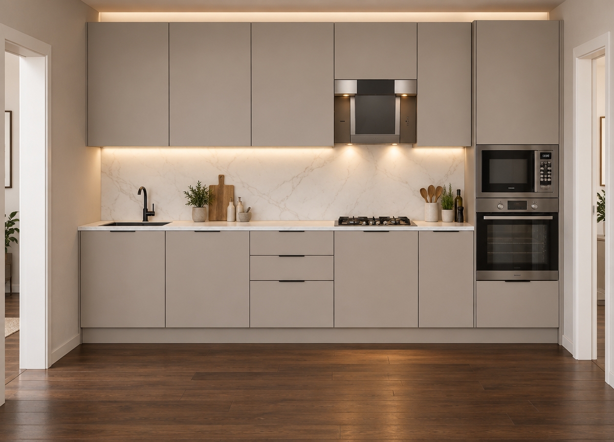 A straight-on architectural photograph of the kitchen, shot on a 35mm lens with balanced interior lighting and natural depth of field. The cabinetry and matching toe-kick feature a smooth, ultra-matte greige finish with subtle warm undertones, perfectly preserving the exact layout and proportions. Soft warm 3000K LED under-cabinet strip lighting and range hood spotlights gently illuminate the white backsplash and the honed white marble countertop with subtle taupe veining. Integrated into the counter are a clean-edged square matte black sink paired with a sleek black high-arc gooseneck faucet, alongside a black four-burner gas cooktop with cast-iron grates. Dark hardwood flooring shows natural satin woodgrain and faint light falloff, while stainless steel and glass appliances catch realistic ambient highlights, lending an authentic, lived-in warmth to the minimalist space.