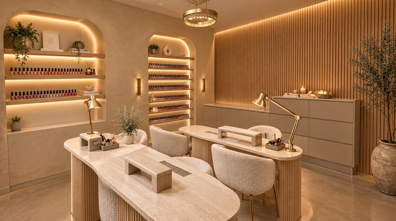An incredibly lifelike, richly detailed, photorealistic wide-angle interior shot of a redesigned luxury manicure salon set in a boutique urban wellness studio. The scene is illuminated by layered warm-toned ambient lighting, featuring a sculptural brushed-brass halo chandelier, concealed soft LED backlighting casting a gentle glow across vertical acoustic oak slats, and minimalist designer task lamps at each station, creating an intimate, serene, and deeply welcoming atmosphere. Captured with a professional 24mm architectural lens, emphasizing the tactile textures of fluted natural timber, honed travertine tabletops, brushed gold hardware, and plush cream bouclé upholstery. Reimagined with an emphasis on contemporary elegance, the previously cluttered space is transformed by removing the leaning glass panels and introducing two bespoke curved manicure stations equipped with seamless flush-mounted dust collectors and ergonomic, high-end seating for both client and technician. The background features built-in arched display niches glowing with integrated warm LEDs to showcase polishes like luxury perfume bottles, accompanied by sleek handleless matte-greige cabinetry for concealed, clutter-free storage. Polished warm microcement flooring, a leafy potted olive tree in an artisanal ceramic urn, and soft natural textiles complete this inviting sanctuary, effortlessly elevating functional nail care into a cozy, memorable spa ritual that clients will yearn to revisit.