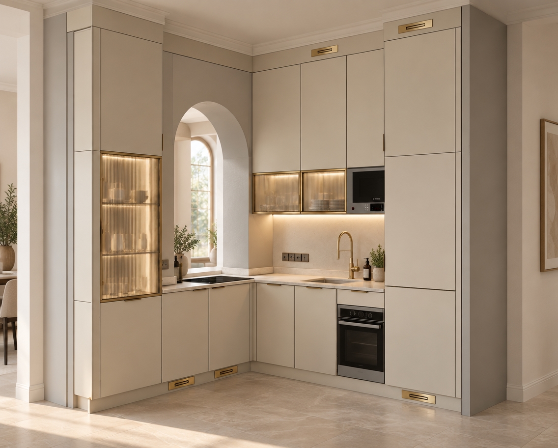 An architectural interior photograph of this exact modern L-shaped kitchen, maintaining the identical composition, perspective, and structure. The cabinets feature a smooth matte finish accented by brushed gold hardware on all handles and baseboard ventilation grilles. Warm, soft LED under-cabinet strip lighting washes down across the backsplash, complemented by a concealed vertical LED strip glowing warmly inside the left fluted glass display cabinet to create diffused reflections. Natural ambient daylight fills the room through the central archway, harmonizing with the warm architectural lighting, while realistic micro-textures, faint surface reflections on the countertop, and soft, natural contact shadows are captured with clean interior photography framing.