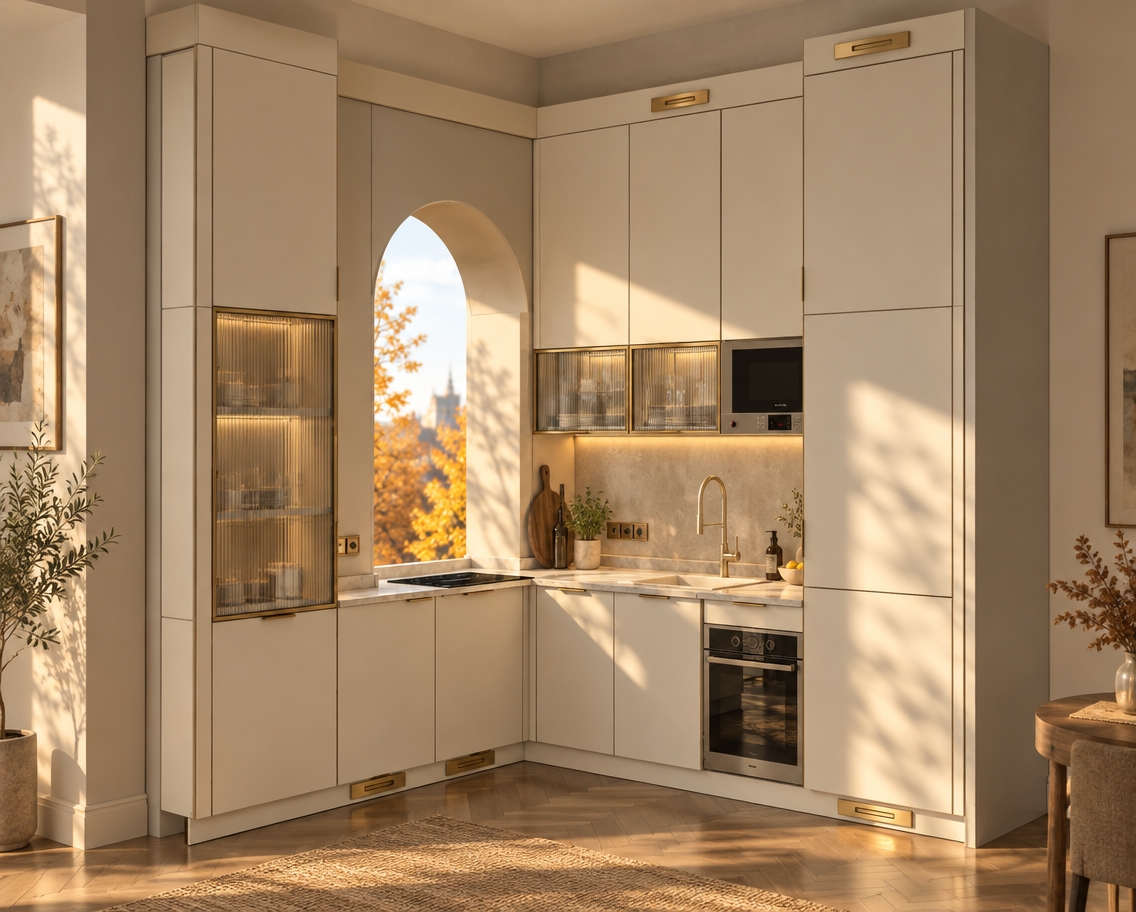 An architectural photograph capturing the exact kitchen cabinetry and layout, bathed in the low-angled, warm golden light of an autumn sunrise streaming through the arched opening. The smooth matte off-white cabinet surfaces show subtle realistic micro-textures, contrasted by brushed brass hardware and light scattering through the textured fluted glass doors. Clean reflections gleam across the polished white countertop, sink, and oven glass, while crisp, elongated morning shadows and soft ambient fall light deliver photographic depth and warmth.