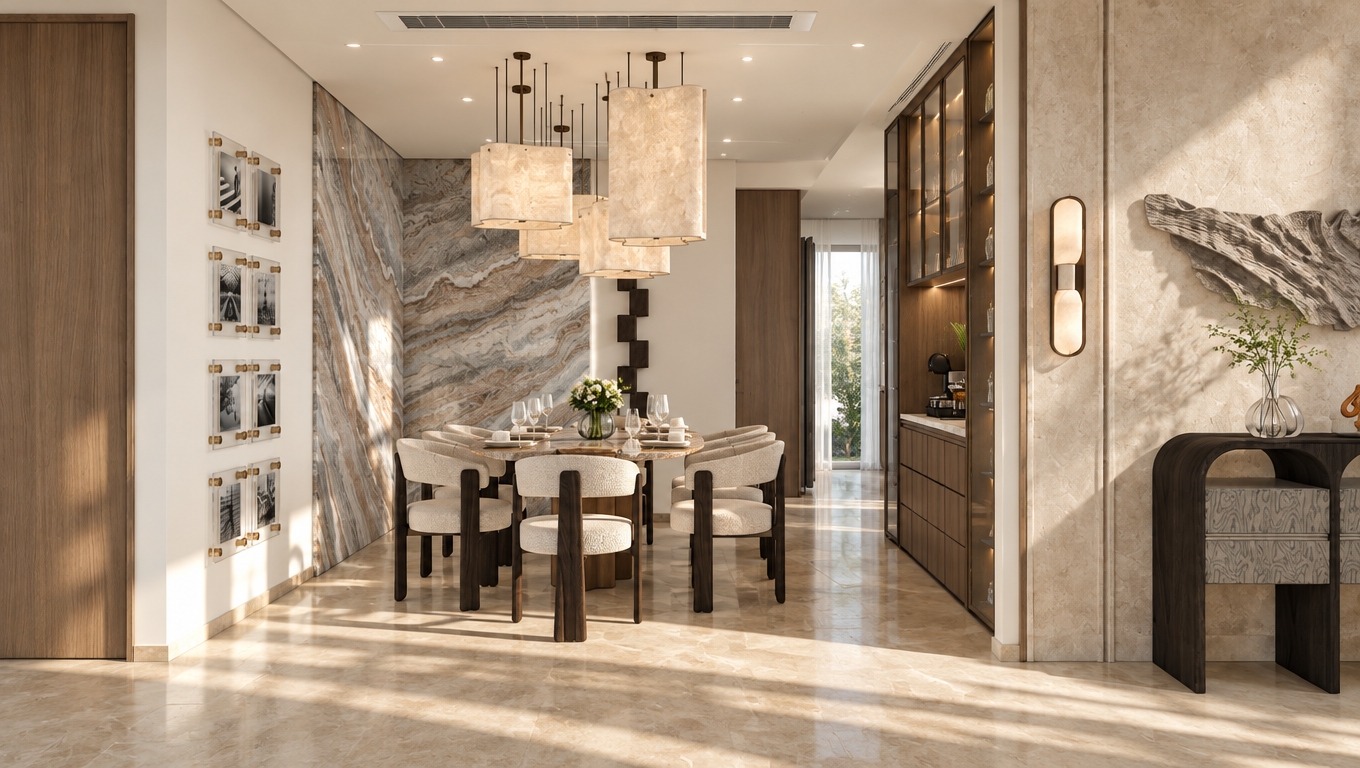 A crisp architectural photograph of the modern dining interior illuminated by bright summer midday daylight. The natural light fills the space, casting soft, defined shadows across the beige stone flooring and accentuating the authentic veining of the polished marble feature wall. Textures are rendered with tactile realism, showing fine wood grain on the cabinetry, soft woven upholstery on the dining chairs, and delicate fibrous parchment on the sculptural pendant lights. Captured at eye level with a 35mm lens, featuring balanced exposure, warm interior accents from the illuminated wall sconce, subtle reflections on the framed prints and glassware, and natural photographic depth.