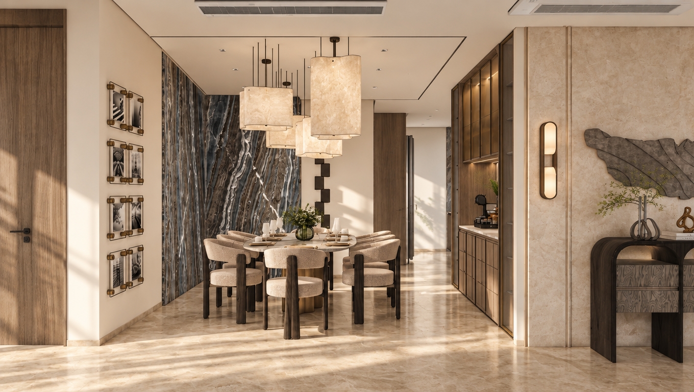 A photorealistic architectural photograph captured with a 35mm lens, showcasing the dining interior illuminated by bright, warm midday summer sunlight. Natural ambient light washes across the space, casting soft, realistic contact shadows onto the beige travertine floor and highlighting the authentic gloss and veining of the dark blue-brown marble accent wall. The dining chairs exhibit tactile fabric micro-textures against smooth dark wood legs, while the hanging textured pendant fixtures diffuse a delicate ambient glow. Natural reflections gleam off glassware on the table, and the smooth plaster walls and warm timber cabinetry feature realistic surface imperfections, balanced exposure, and subtle lens depth.