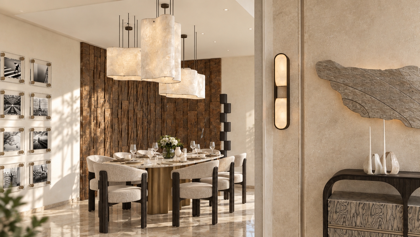 A bright architectural photograph of the modern dining room on a warm summer midday. Diffused, high-angle natural daylight softly illuminates the space, casting realistic gentle shadows across the beige plaster walls, polished stone flooring, and rich vertical timber paneling. The wavy pendant lamps display a tactile, translucent alabaster texture, suspended over the set oval marble dining table and dark-framed upholstered chairs. Glassware, tableware, and the framed gallery prints catch subtle, natural reflections, while the foreground sconce and textured console show refined material depth, captured with crisp 35mm lens clarity, balanced dynamic range, and faint photographic grain.