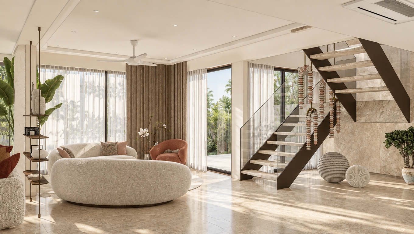 An architectural interior photograph of the modern open-plan living space captured on a bright summer midday using a 24mm tilt-shift lens at f/8. Intense, high-angle natural sunlight filters through the sheer curtains and sliding glass doors, bathing the room in clean, high-key ambient daylight with soft diffused shadows. The curved cream boucle sofa, terracotta armchair, and vertical fluted wall paneling display rich, tactile micro-textures, while the honed beige travertine floor reveals subtle stone veining and soft specular reflections. Sunlight catches the floating stone steps, transparent glass balustrade, and hanging decorative ornaments, harmonizing with the lush green foliage of the indoor plants under a neutral, warm 5600K daylight balance with fine photographic grain.