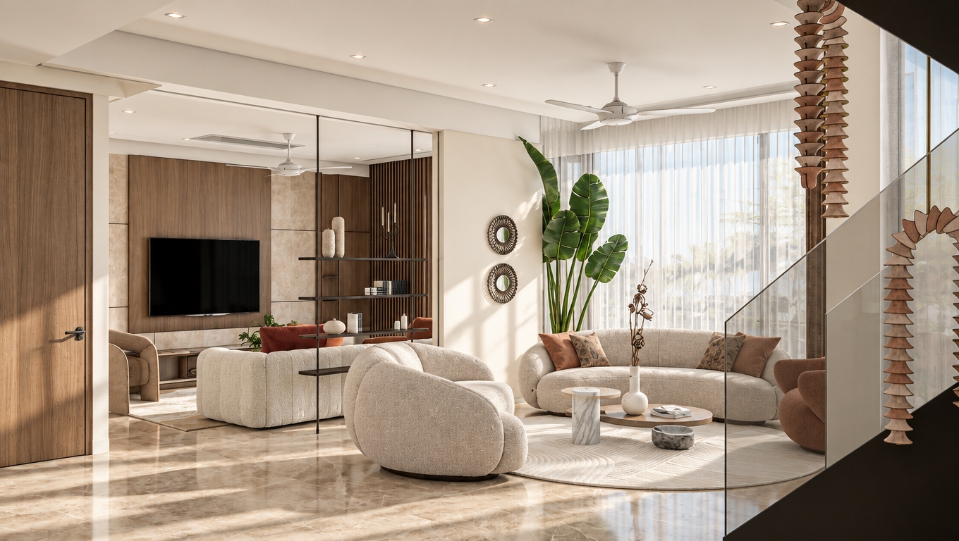 Photorealistic architectural photograph of the contemporary living space illuminated by bright summer midday light filtering through sheer curtains. The scene preserves the exact layout and perspective, rendered with natural material physics: rich tactile bouclé upholstery on the curved seating, authentic grain on the wood-paneled walls, and polished limestone flooring with gentle daylight reflections. Glossy broad leaves of the potted tropical plant catch crisp specular highlights, complemented by smooth ambient ceiling fill. Captured on a wide-angle architectural lens with accurate 5500K summer color temperature, realistic soft shadows, and clean, balanced exposure throughout.